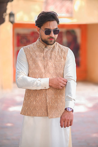 Cream kurta pajama and Biege gold patterned embroidery waist coat