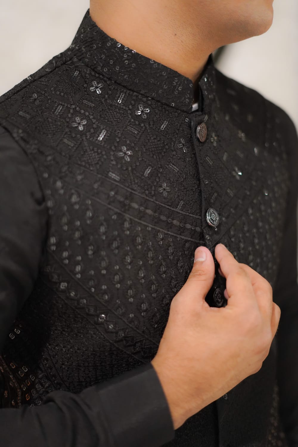 Black jall sequence embroidary waist coat dress