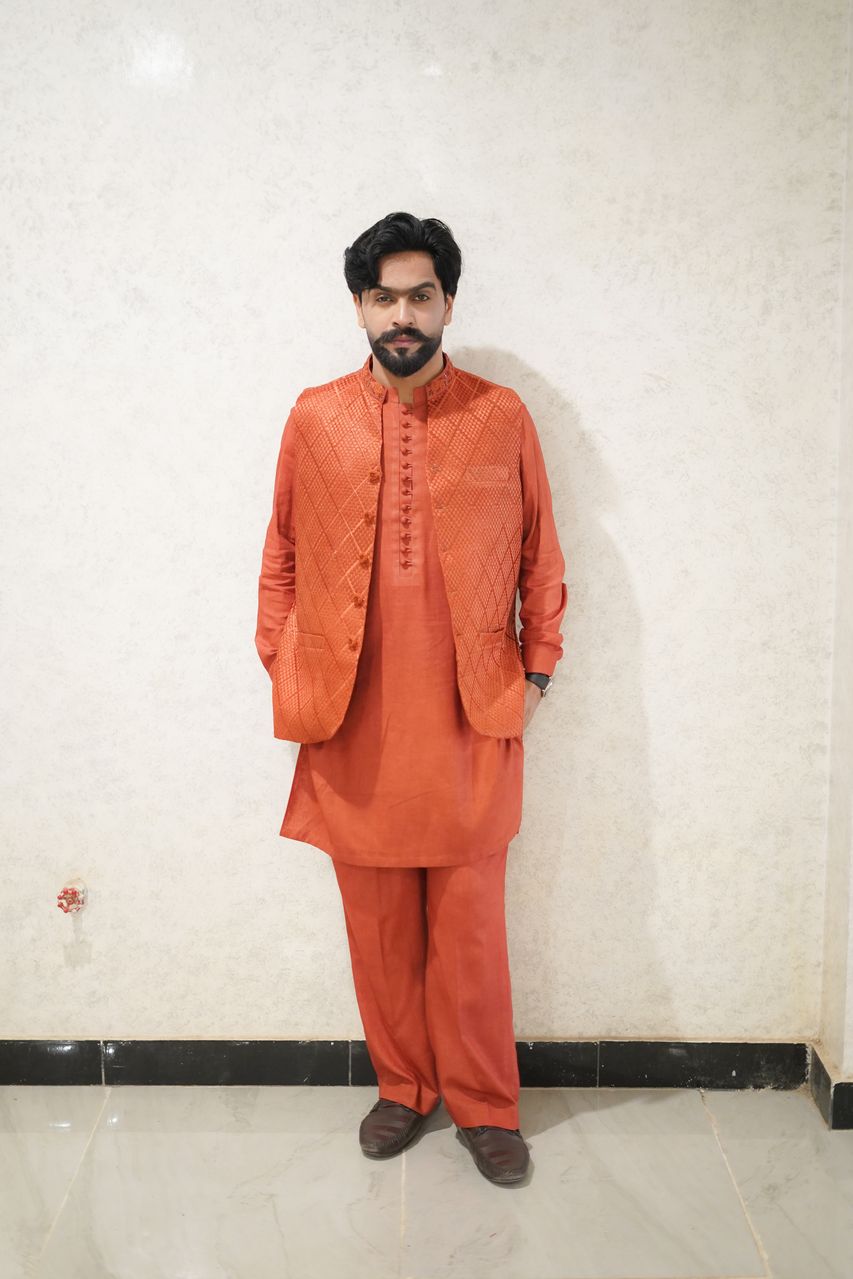 Rusted diamond patterndd emroidary waist coat + kurta and boot cut trouser