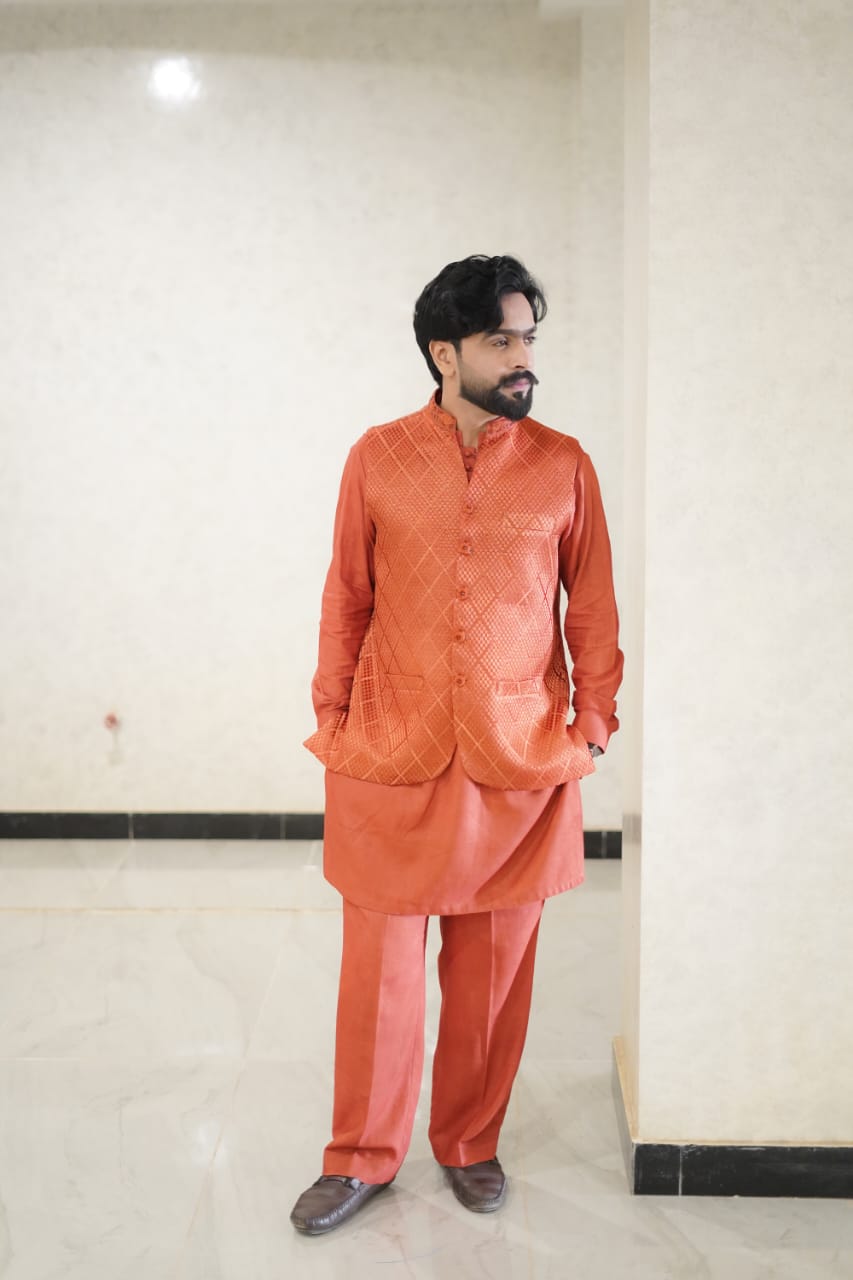 Rusted diamond patterndd emroidary waist coat + kurta and boot cut trouser