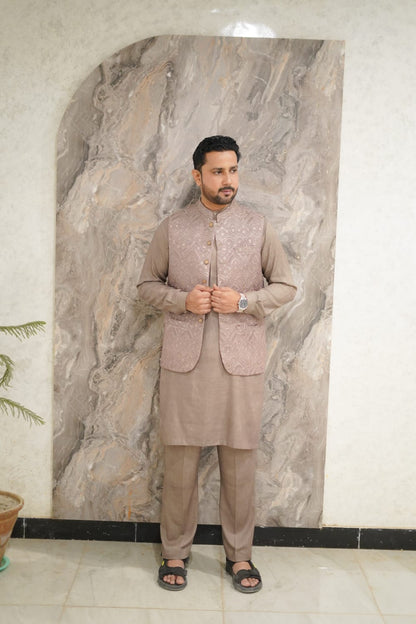 Neutral shades seqnence embroidery waistcoat + kurta straght fit trouser