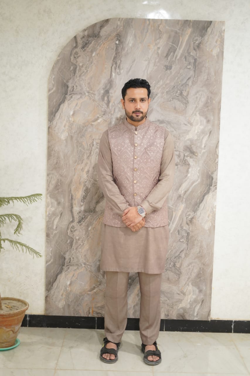 Neutral shades seqnence embroidery waistcoat + kurta straght fit trouser