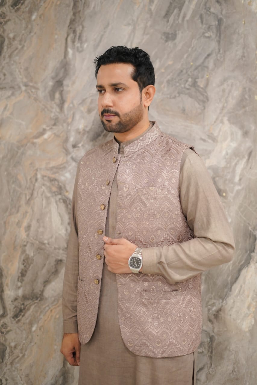 Neutral shades seqnence embroidery waistcoat + kurta straght fit trouser