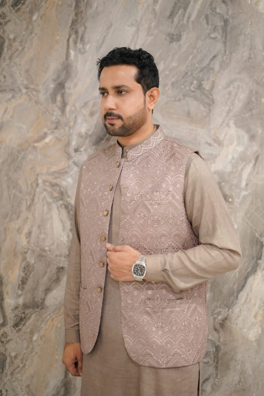 Neutral shades seqnence embroidery waistcoat + kurta straght fit trouser
