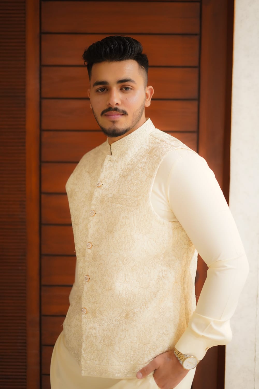 Cream and gold emboidery waist coat + kurta pajama