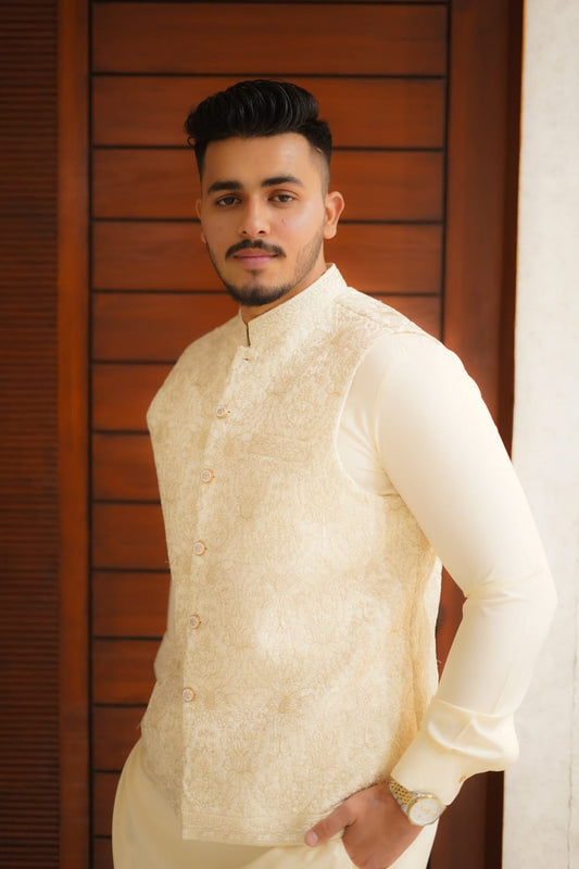 Cream and gold emboidery waist coat + kurta pajama