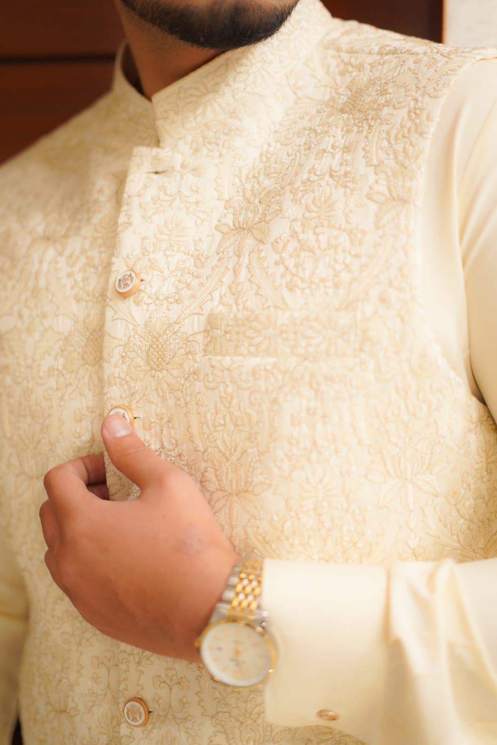 Cream and gold emboidery waist coat + kurta pajama
