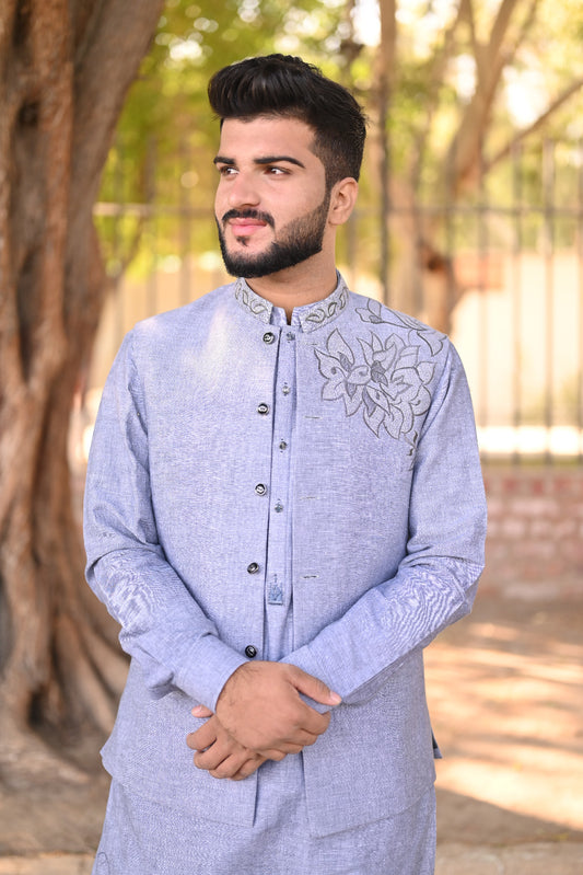 Soft color waistcoat embroidary work + kurta detailing embroidary set