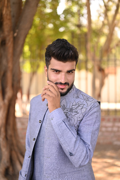 Soft color waistcoat embroidary work + kurta detailing embroidary set