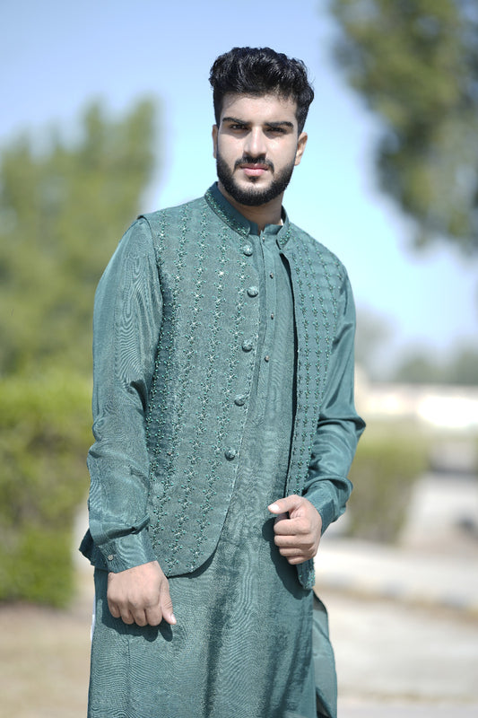 Emerald green waist coat hand Embroidary work + KURTA WHITE TROUSER