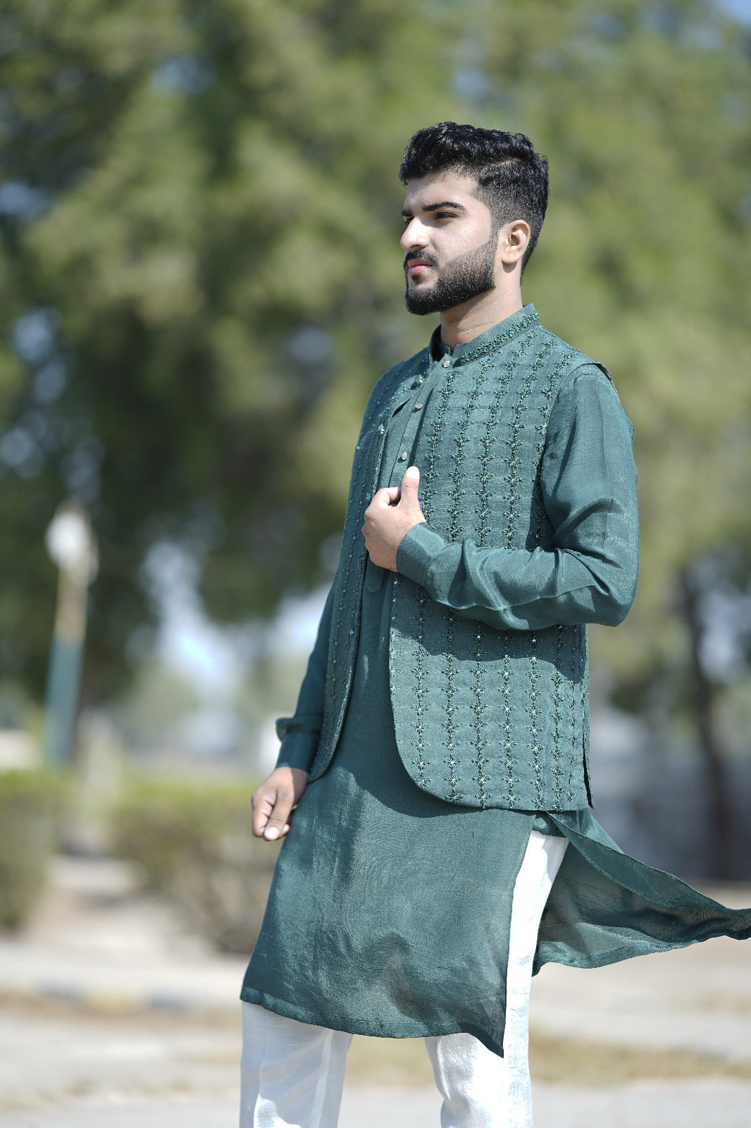 Emerald green waist coat hand Embroidary work + KURTA WHITE TROUSER