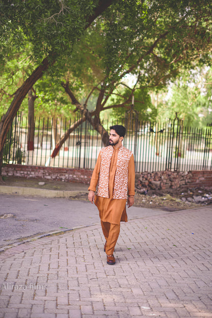 Light brown base white floral Embroidary waistcoat  kurta potli button style dress