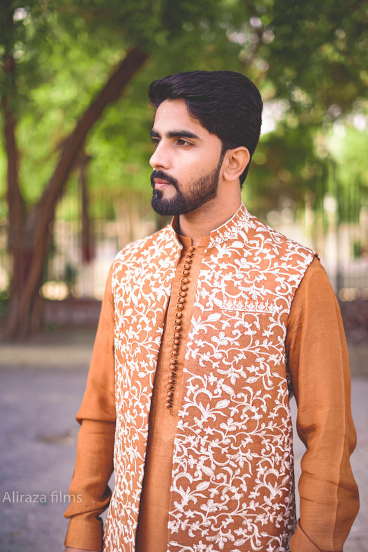 Light brown base white floral Embroidary waistcoat  kurta potli button style dress