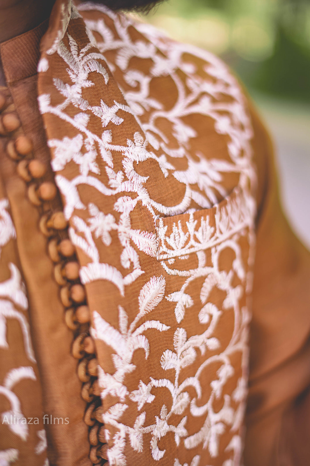 Light brown base white floral Embroidary waistcoat  kurta potli button style dress