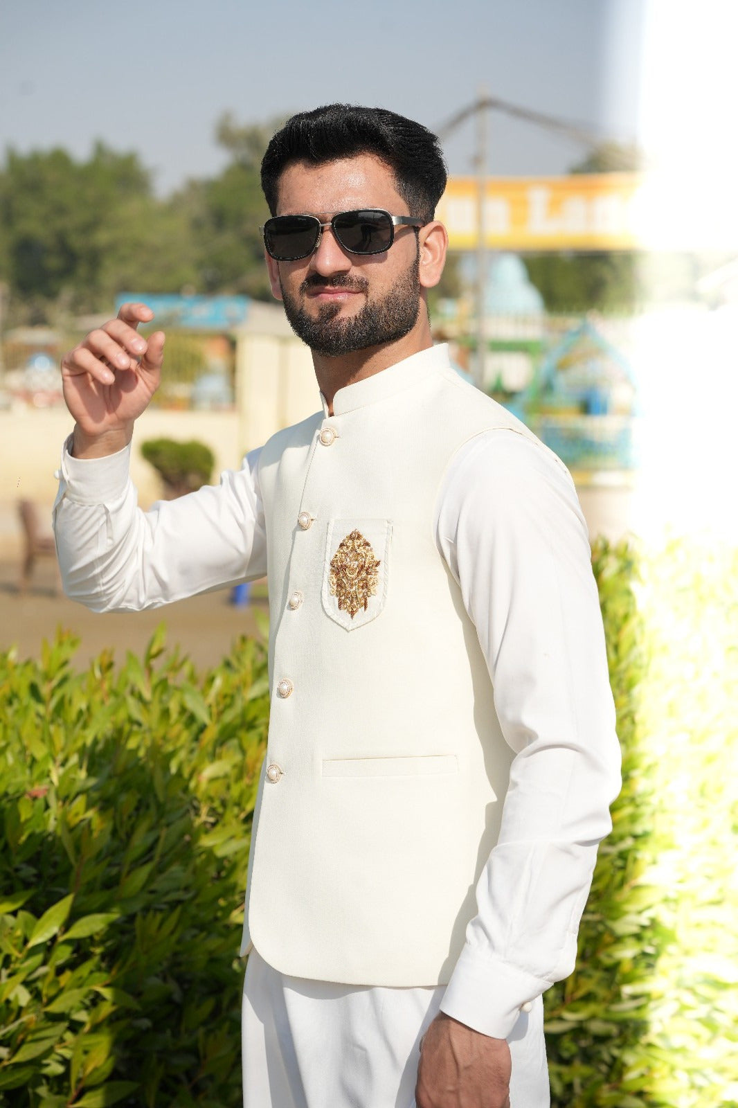 Off white suiting fabric waist coat logo style Banch with kurta pajama