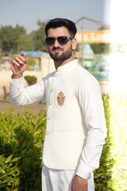 Off white suiting fabric waist coat logo style Banch with kurta pajama