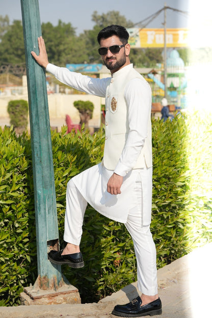 Off white suiting fabric waist coat logo style Banch with kurta pajama