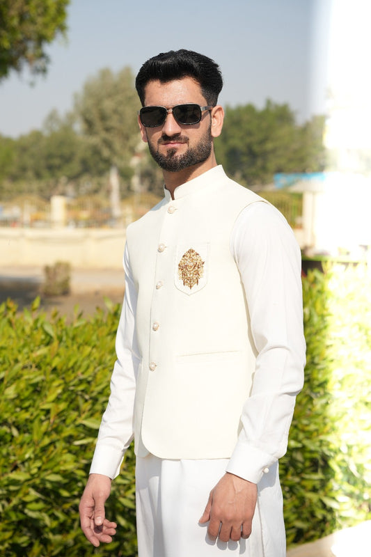 Off white suiting fabric waist coat logo style Banch with kurta pajama