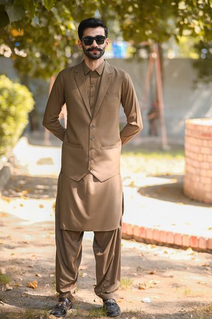 Light brown coat collar waistcoat design same kameez shalwar