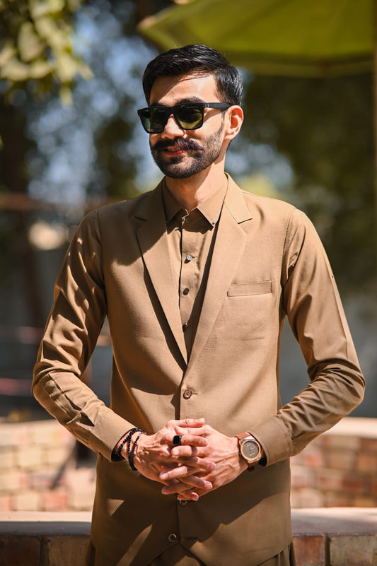 Light brown coat collar waistcoat design same kameez shalwar