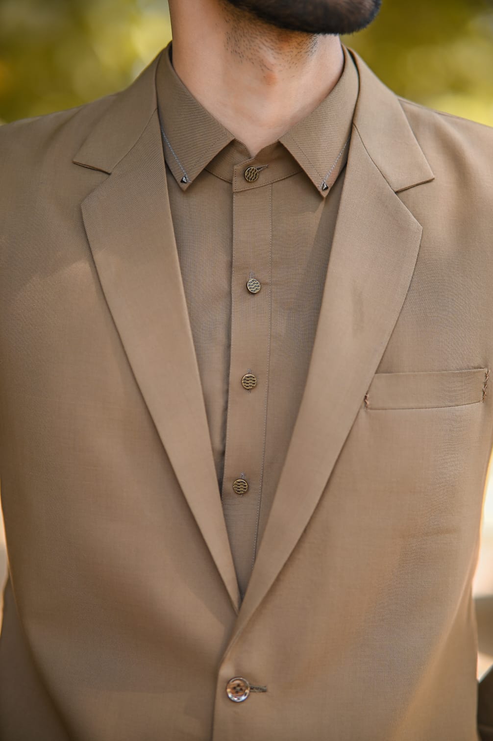 Light brown coat collar waistcoat design same kameez shalwar