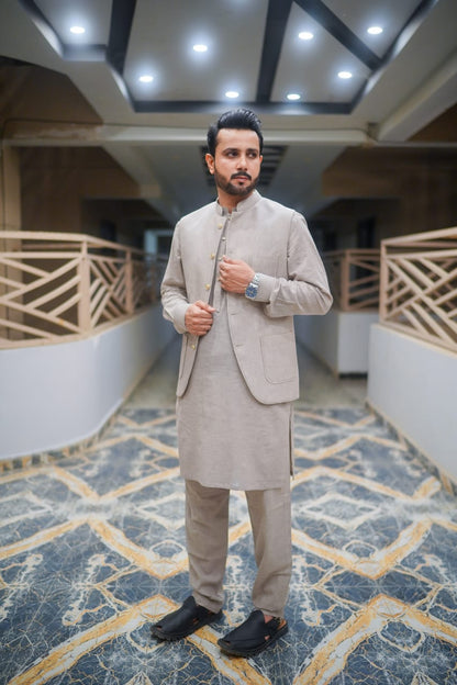 Linen Beige tone waistcoat with kurta trouser decent detailing