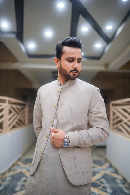 Linen Beige tone waistcoat with kurta trouser decent detailing