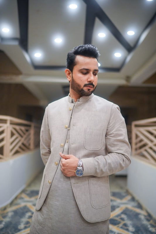 Linen Beige tone waistcoat with kurta trouser decent detailing