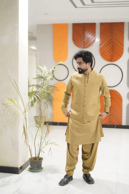Musterd Waistcoat kameez shalwar designing
