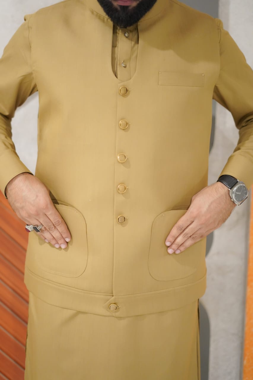 Musterd Waistcoat kameez shalwar designing