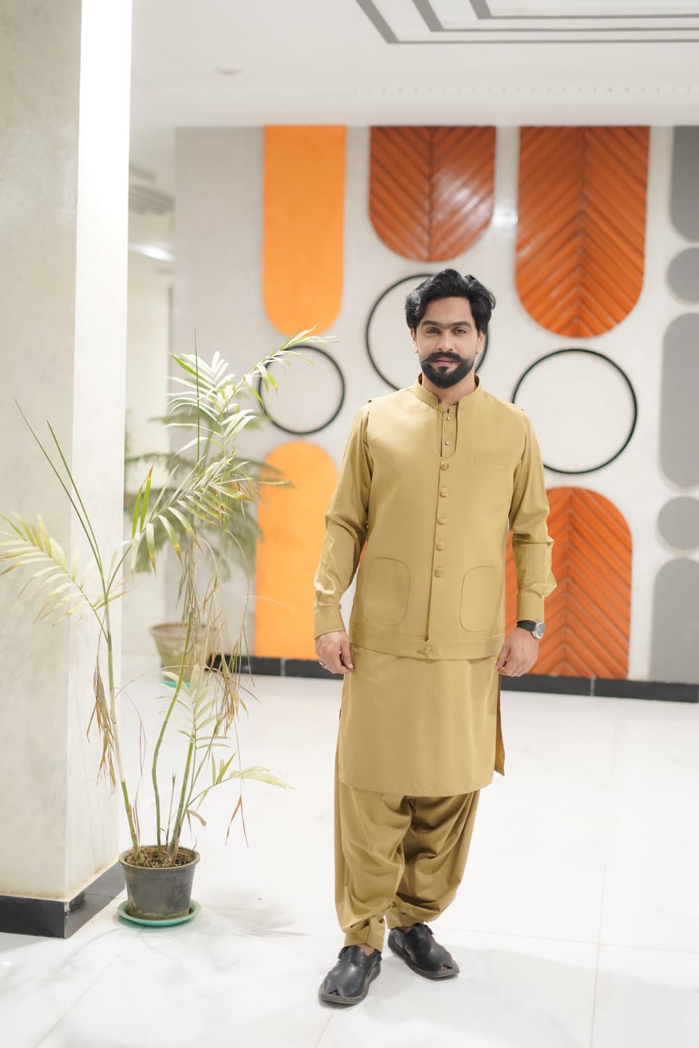 Musterd Waistcoat kameez shalwar designing