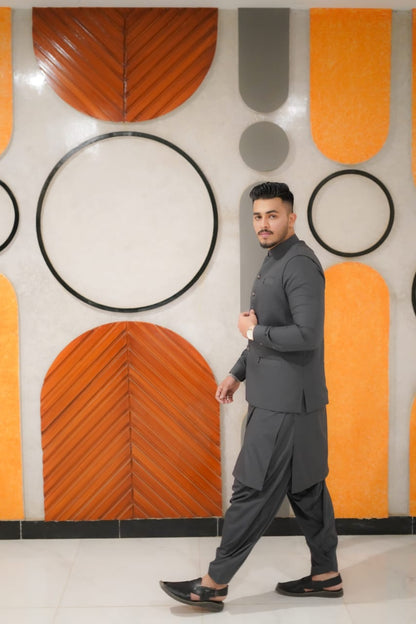 Grey waistcoat kameez shalwar designing set