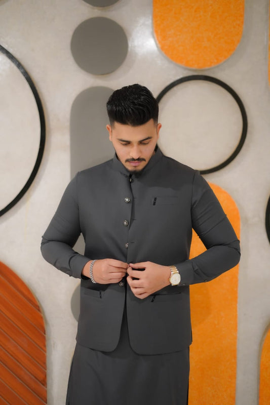 Grey waistcoat kameez shalwar designing set