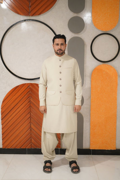 Light biege waist coat kameez shalwar set