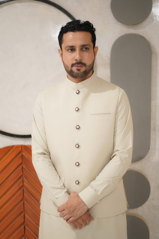 Light biege waist coat kameez shalwar set