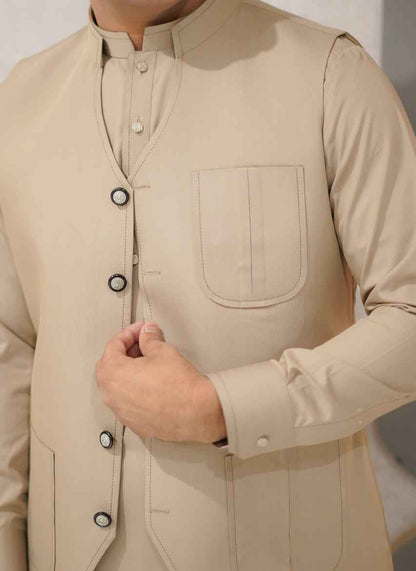 Biege classic cut waistcoat kameez shalwar dress