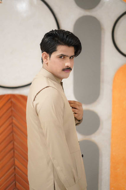 Biege classic cut waistcoat kameez shalwar dress