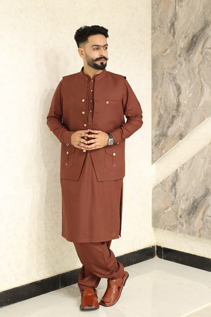 Rust brown waistcoat kameez shalwar decent look