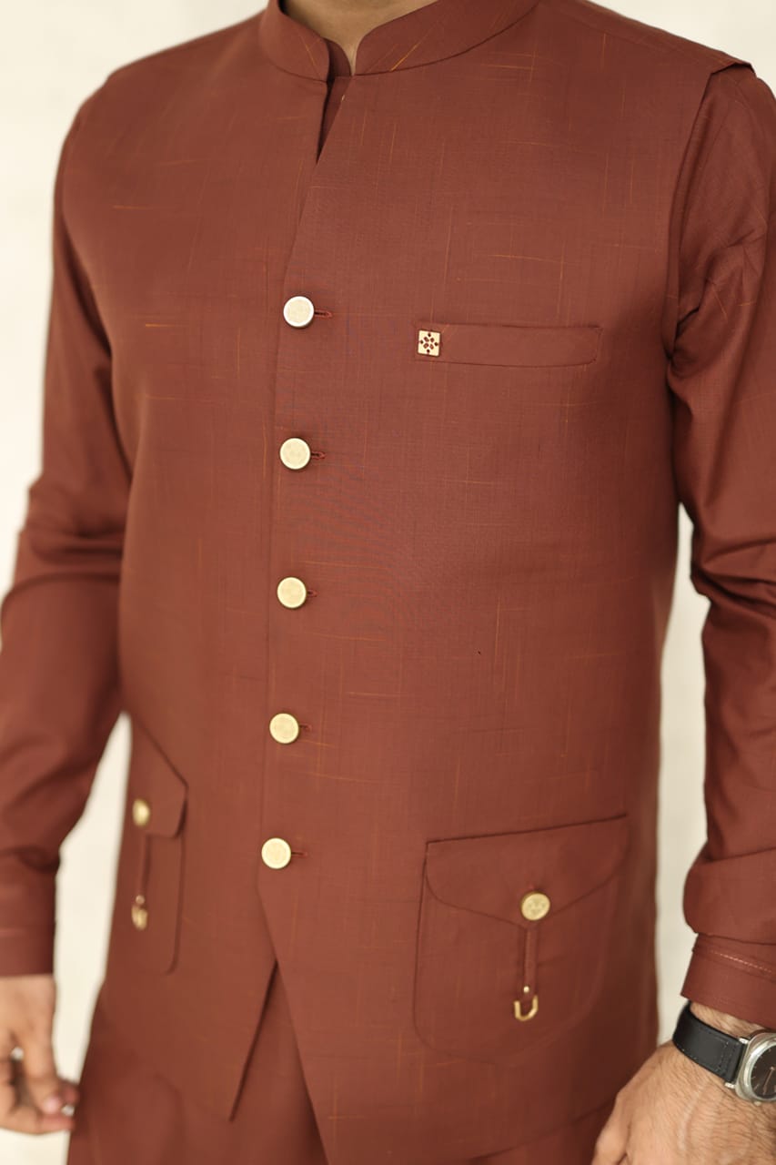 Rust brown waistcoat kameez shalwar decent look