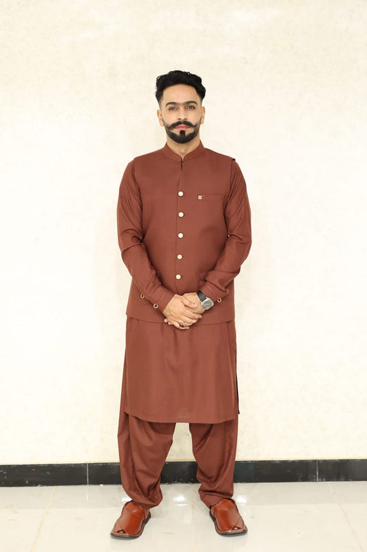 Rust brown waistcoat kameez shalwar decent look