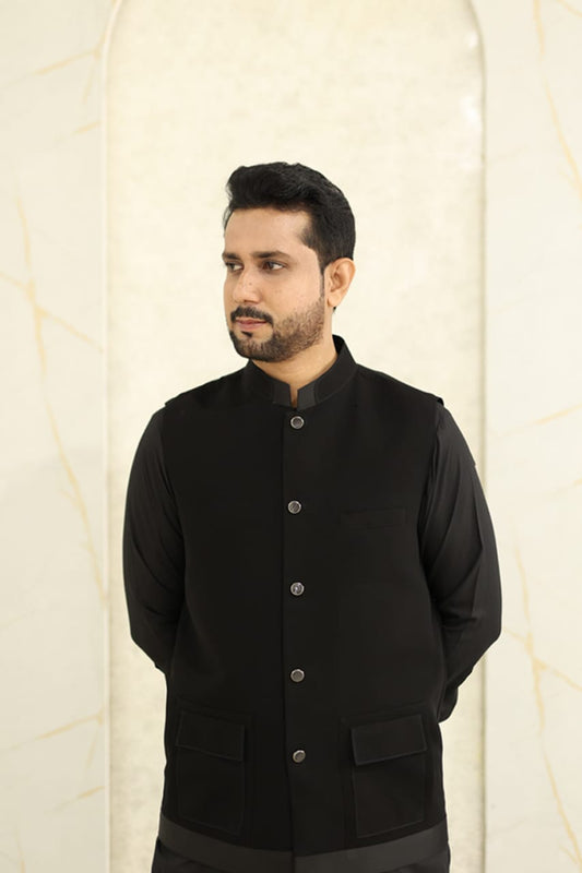 Black jorjutt waistcoat with kameez shalwar design