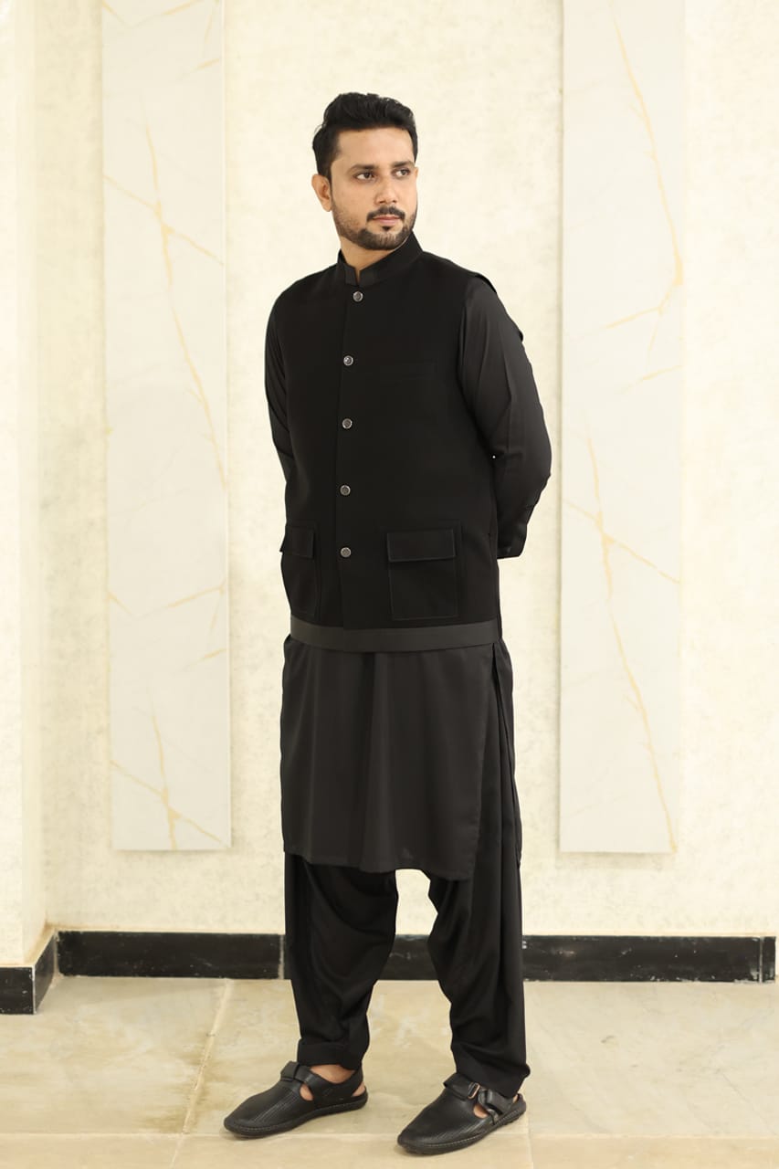 Black jorjutt waistcoat with kameez shalwar design