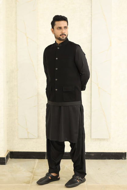 Black jorjutt waistcoat with kameez shalwar design