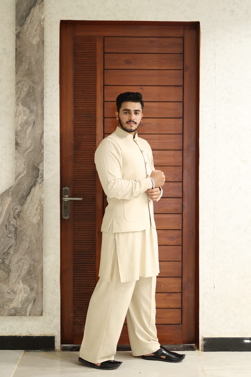Linen light biege waistcoat +kurta pajama Logo design