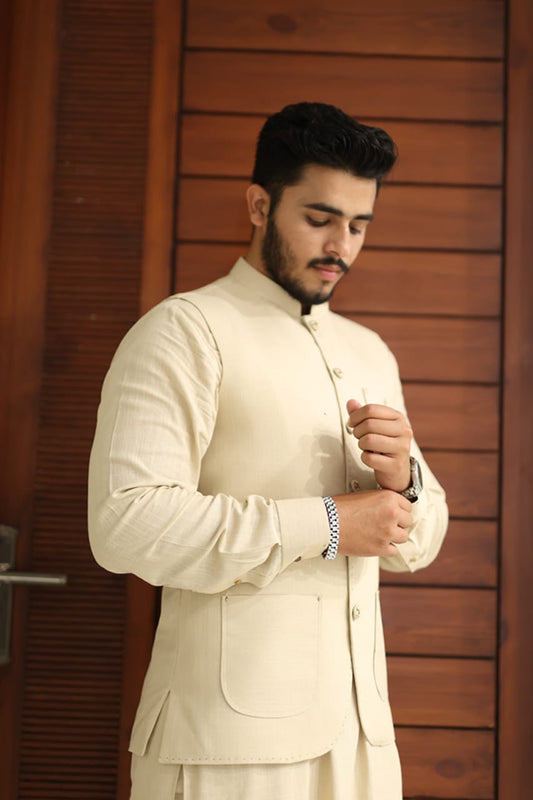 Linen light biege waistcoat +kurta pajama Logo design