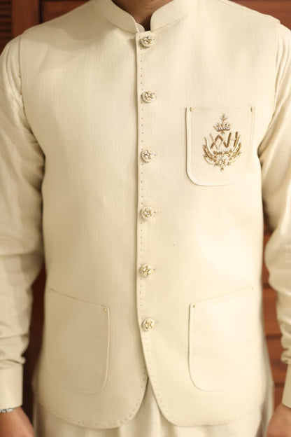 Linen light biege waistcoat +kurta pajama Logo design