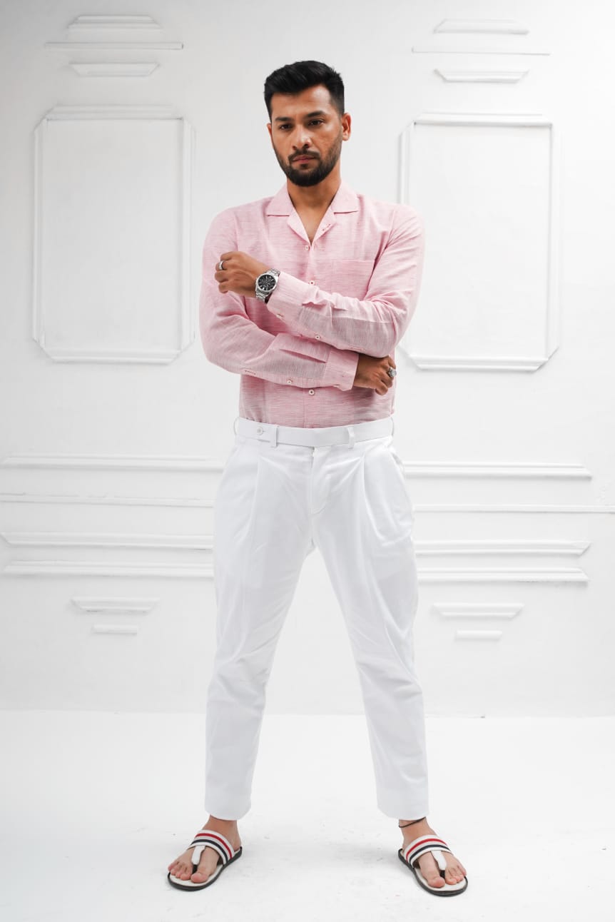 Powder pink line cuban collar shirt decent detailing