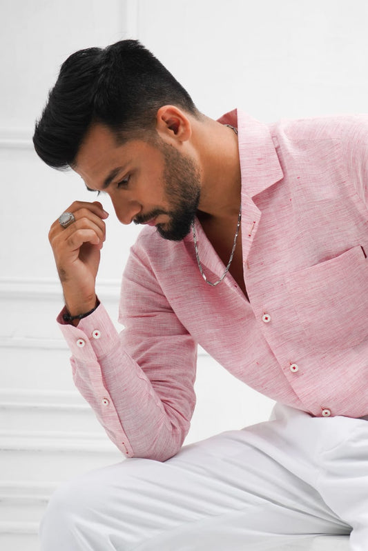 Powder pink line cuban collar shirt decent detailing