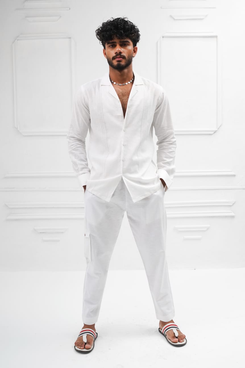 White linen cuban collar shirt decent detailing