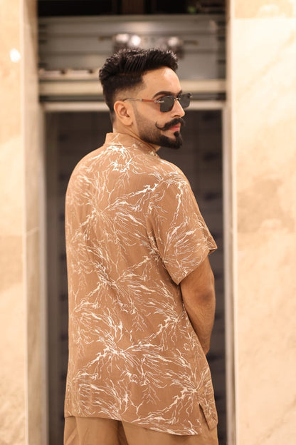 Classy brown printed shirt plain trouser